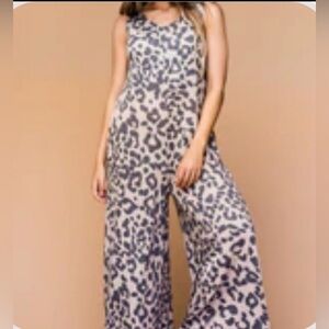Dressed in LALA “Twist & Shout Wide Leg Leopard Jumpsuit” Tan Brown Sleeveless